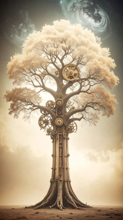 Realistic mechanical tree with branches formed by rotating cogs, surreal metallic leaves, suspended in dark atmospheric space, no text, no faces, copy space for designの素材
