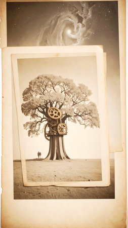 Realistic mechanical tree with branches formed by rotating cogs, surreal metallic leaves, suspended in dark atmospheric space, no text, no faces, copy space for designの素材