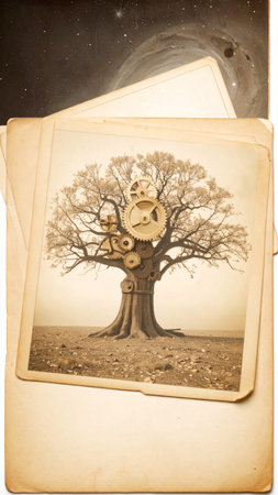 Realistic mechanical tree with branches formed by rotating cogs, surreal metallic leaves, suspended in dark atmospheric space, no text, no faces, copy space for designの素材