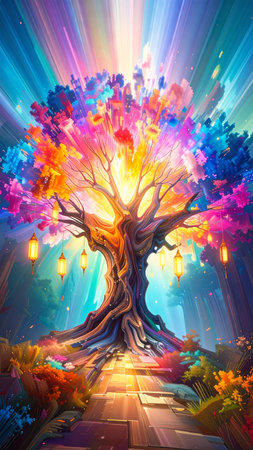 Photorealistic ancient tree with rainbow-colored leaves forming a luminous canopy, glowing hanging lanterns, misty forest background, no faces, no text, generous copy spaceの素材