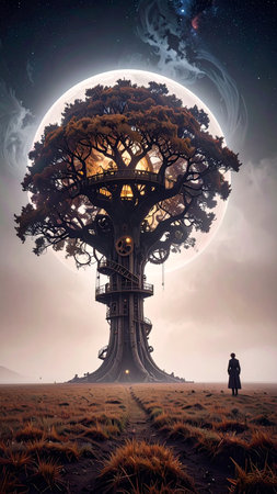 Realistic mechanical tree with branches formed by rotating cogs, surreal metallic leaves, suspended in dark atmospheric space, no text, no faces, copy space for designの素材