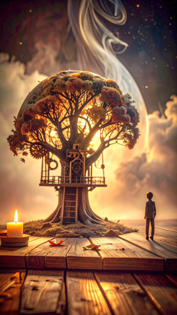 Realistic mechanical tree with branches formed by rotating cogs, surreal metallic leaves, suspended in dark atmospheric space, no text, no faces, copy space for designの素材