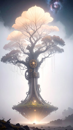 Realistic mechanical tree with branches formed by rotating cogs, surreal metallic leaves, suspended in dark atmospheric space, no text, no faces, copy space for designの素材