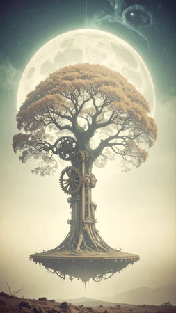 Realistic mechanical tree with branches formed by rotating cogs, surreal metallic leaves, suspended in dark atmospheric space, no text, no faces, copy space for designの素材