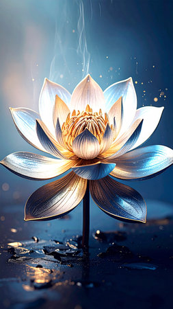 Realistic metallic lotus flower with clockwork petals slowly rotating, glowing reflections, subtle mist, dark background, no text, no human figures, spacious copy spaceの素材