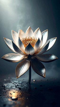 Realistic metallic lotus flower with clockwork petals slowly rotating, glowing reflections, subtle mist, dark background, no text, no human figures, spacious copy spaceの素材