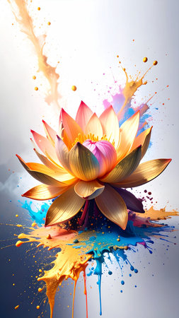Realistic metallic lotus flower with clockwork petals slowly rotating, glowing reflections, subtle mist, dark background, no text, no human figures, spacious copy spaceの素材