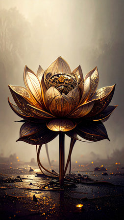 Realistic metallic lotus flower with clockwork petals slowly rotating, glowing reflections, subtle mist, dark background, no text, no human figures, spacious copy spaceの素材