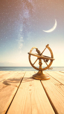 Photorealistic vintage sextant placed against a glowing star-filled night sky over calm ocean, soft reflections on water, no human presence, no text, spacious copy space for designの素材