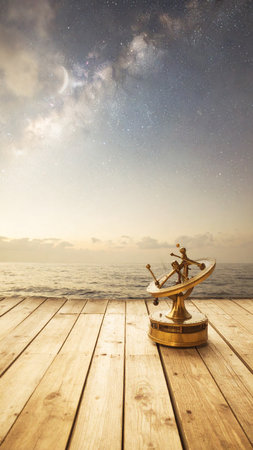 Photorealistic vintage sextant placed against a glowing star-filled night sky over calm ocean, soft reflections on water, no human presence, no text, spacious copy space for designの素材