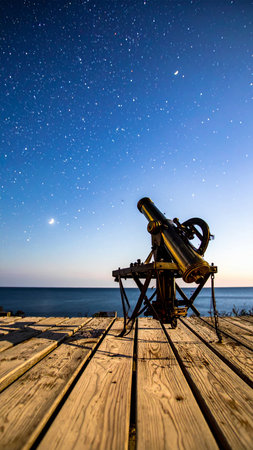 Photorealistic vintage sextant placed against a glowing star-filled night sky over calm ocean, soft reflections on water, no human presence, no text, spacious copy space for designの素材