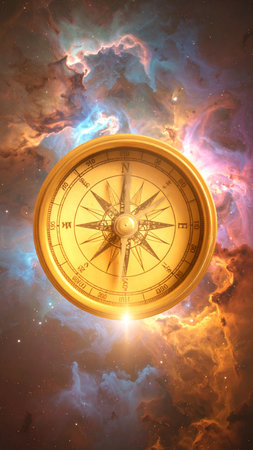 Photorealistic golden compass floating above a vibrant nebula, subtle light beams illuminating intricate engravings, no human figures, no text, generous copy spaceの素材