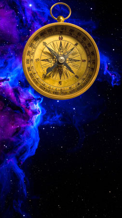 Photorealistic golden compass floating above a vibrant nebula, subtle light beams illuminating intricate engravings, no human figures, no text, generous copy spaceの素材