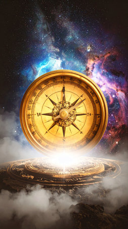 Photorealistic golden compass floating above a vibrant nebula, subtle light beams illuminating intricate engravings, no human figures, no text, generous copy spaceの素材
