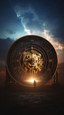 Photorealistic golden compass floating above a vibrant nebula, subtle light beams illuminating intricate engravings, no human figures, no text, generous copy spaceの素材