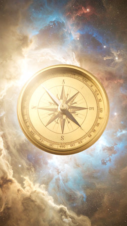 Photorealistic golden compass floating above a vibrant nebula, subtle light beams illuminating intricate engravings, no human figures, no text, generous copy spaceの素材