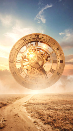 Photorealistic golden compass floating above a vibrant nebula, subtle light beams illuminating intricate engravings, no human figures, no text, generous copy spaceの素材