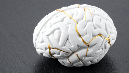 Realistic white clay brain sculpture with gold kintsugi repair lines placed on dark slate stone surface, natural soft lightの素材