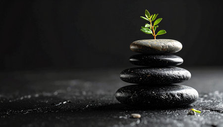 Realistic stacked zen stones with single small green plant sprout beside on dark textured background, minimal balance and growth concept, natural lightの素材