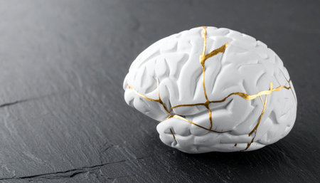 Realistic white clay brain sculpture with gold kintsugi repair lines placed on dark slate stone surface, natural soft lightの素材