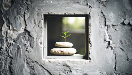 Realistic stacked zen stones with single small green plant sprout beside on dark textured background, minimal balance and growth concept, natural lightの素材
