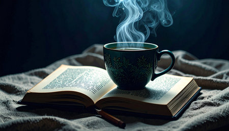 Realistic minimal herbal tea cup with rising steam placed beside empty open journal and wooden pencil on natural linen cloth, morning soft light,の素材