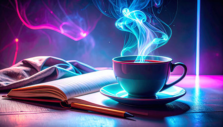 Realistic minimal herbal tea cup with rising steam placed beside empty open journal and wooden pencil on natural linen cloth, morning soft light,の素材