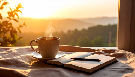 Realistic minimal herbal tea cup with rising steam placed beside empty open journal and wooden pencil on natural linen cloth, morning soft light,の素材