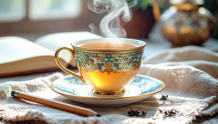 Realistic minimal herbal tea cup with rising steam placed beside empty open journal and wooden pencil on natural linen cloth, morning soft light,の素材