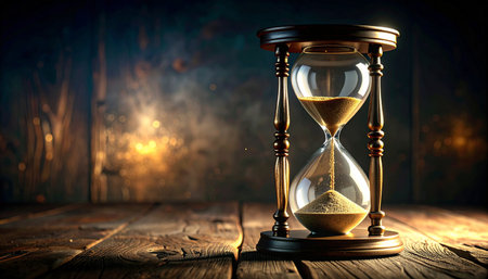 Realistic single clear glass hourglass with light sand on rustic dark wooden surface, morning soft light, concept of time and patienceの素材