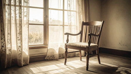 Realistic minimal empty wooden chair facing large window with soft sheer curtain shadows on floor, natural daylight, mental clarity and reflection conceptの素材
