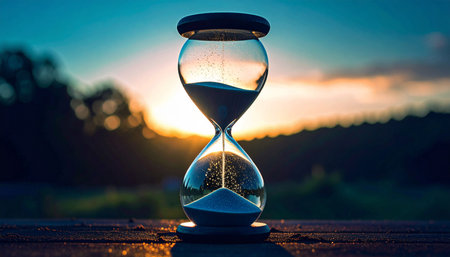 Realistic single clear glass hourglass with light sand on rustic dark wooden surface, morning soft light, concept of time and patienceの素材