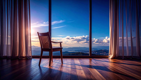 Realistic minimal empty wooden chair facing large window with soft sheer curtain shadows on floor, natural daylight, mental clarity and reflection conceptの素材