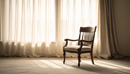 Realistic minimal empty wooden chair facing large window with soft sheer curtain shadows on floor, natural daylight, mental clarity and reflection conceptの素材