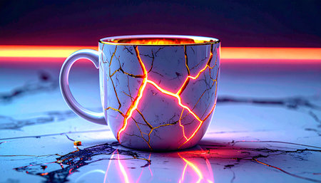 Realistic white ceramic mug with broken parts repaired using gold kintsugi placed on marble surface, natural light, concept of resilience and healingの素材