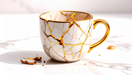 Realistic white ceramic mug with broken parts repaired using gold kintsugi placed on marble surface, natural light, concept of resilience and healingの素材