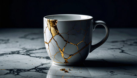Realistic white ceramic mug with broken parts repaired using gold kintsugi placed on marble surface, natural light, concept of resilience and healingの素材