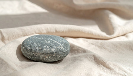 Realistic single smooth grey stone placed on wrinkled beige linen fabric with natural soft shadows, minimal calm compositionの素材