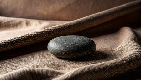 Realistic single smooth grey stone placed on wrinkled beige linen fabric with natural soft shadows, minimal calm compositionの素材