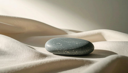 Realistic single smooth grey stone placed on wrinkled beige linen fabric with natural soft shadows, minimal calm compositionの素材
