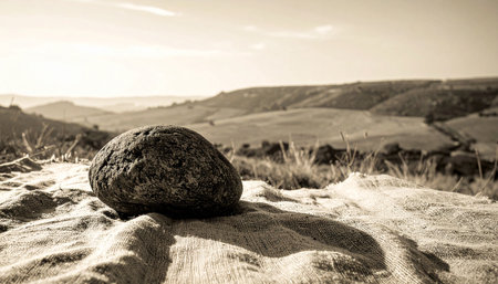 Realistic single smooth grey stone placed on wrinkled beige linen fabric with natural soft shadows, minimal calm compositionの素材
