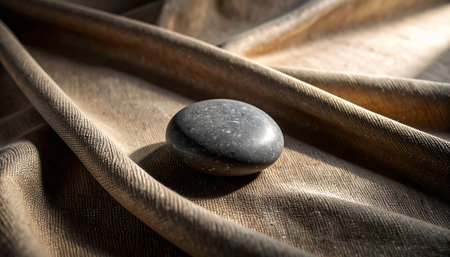 Realistic single smooth grey stone placed on wrinkled beige linen fabric with natural soft shadows, minimal calm compositionの素材