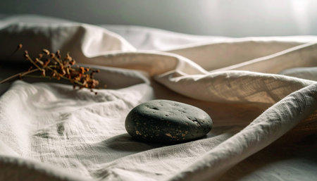 Realistic single smooth grey stone placed on wrinkled beige linen fabric with natural soft shadows, minimal calm compositionの素材