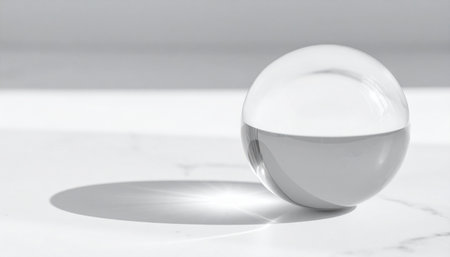 Realistic clear glass sphere ball casting soft light refraction and shadows on white marble surface, minimal clarity conceptの素材