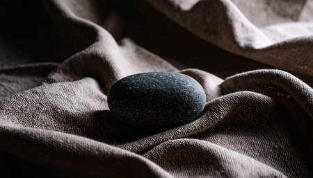 Realistic single smooth grey stone placed on wrinkled beige linen fabric with natural soft shadows, minimal calm compositionの素材