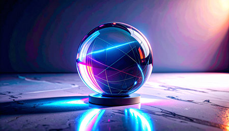 Realistic clear glass sphere ball casting soft light refraction and shadows on white marble surface, minimal clarity conceptの素材