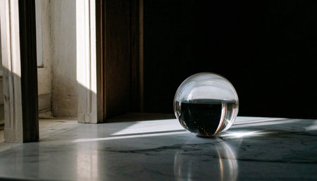 Realistic clear glass sphere ball casting soft light refraction and shadows on white marble surface, minimal clarity conceptの素材