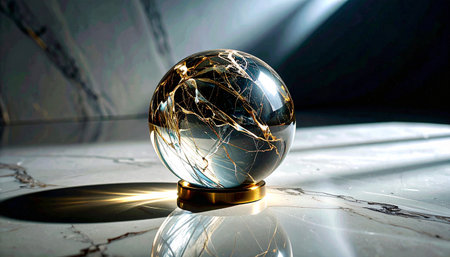 Realistic clear glass sphere ball casting soft light refraction and shadows on white marble surface, minimal clarity conceptの素材