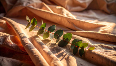 Realistic single eucalyptus branch with green leaves placed diagonally on soft wrinkled white linen fabric, natural morning lightの素材