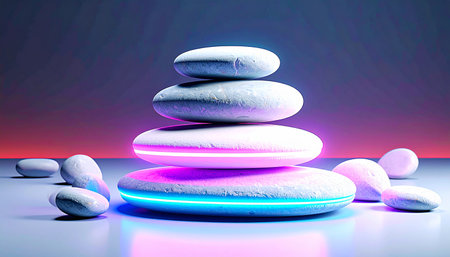 Realistic minimal stack of smooth white pebbles balanced on black slate stone surface, natural diffused light, calm and balance conceptの素材